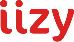 Rød logotekst som leser "iizy" på en gjennomsiktig bakgrunn.