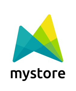 Logoen til "Mystore Datakasse" med to overlappende trekanter i nyanser av grønt, gult og blått, og skaper en stjernelignende form.