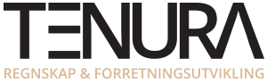 Tenura-logo med teksten "Regnskap & Forretningsutvikling" skrevet med beige bokstaver under.