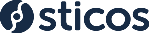 Stilisert mørkeblå tekst som leser "sticos" med en sirkulær logo til venstre.
