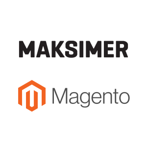 Bildet viser teksten "MAKSIMER" med fete bokstaver over Magento-logoen og ordet "Magento" i grått, noe som understreker forbindelsen til Magentos varemerke.