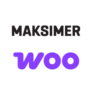 Bildet viser ordet "MAKSIMER" i fete, svarte bokstaver over "woo" i avrundede, lilla bokstaver, som refererer til WooCommerce, alt mot en hvit bakgrunn.
