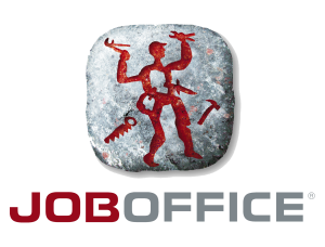 Logoen til "Job Office" med en rød silhuett av en person som holder verktøy, satt mot en steinlignende bakgrunn. Teksten "JOBBKONTOR" vises tydelig nederst.