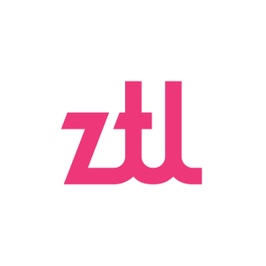 Fete rosa stiliserte bokstaver "ztl" på hvit bakgrunn, som representerer ZTL Payment Solutions.