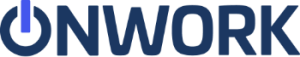 Logo med ordet «ONWORK» i fet, blå skrift. Bokstaven «O» er stilisert med en vertikal linje inni, slik at den ligner symbolet for en strømknapp.