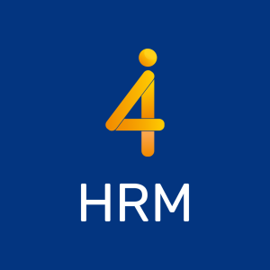Logo med et stilisert oransje nummer "4" over teksten "HRM" på blå bakgrunn.