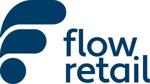 Blå abstrakt logo med teksten "flow retail" med blå bokstaver.