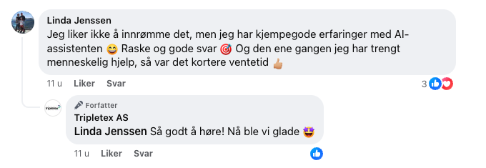 Et skjermbilde av en Facebook-kommentarutveksling mellom Linda Jenssen og en AI-assistent, inkludert emojier og likes.