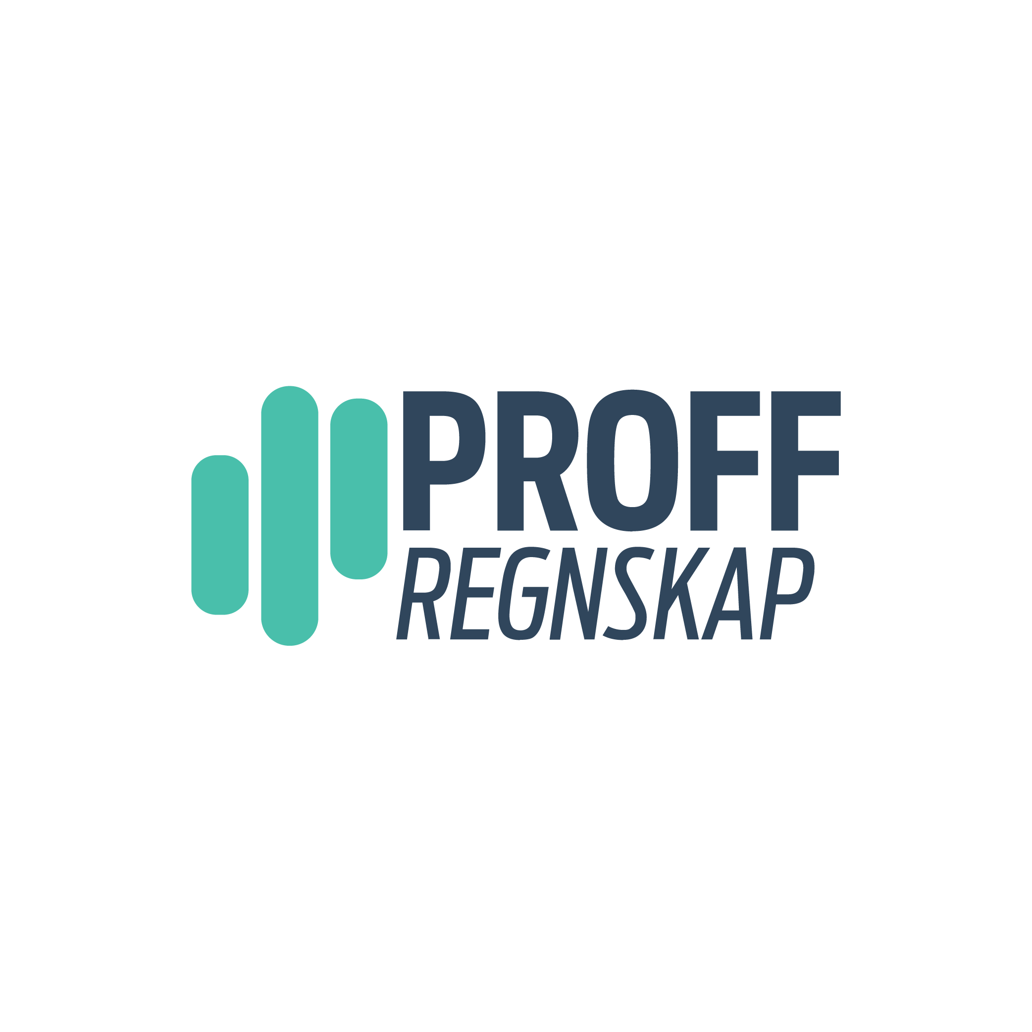 Logo for "Proff Regnskap" med blågrønne vertikale streker ved siden av teksten.