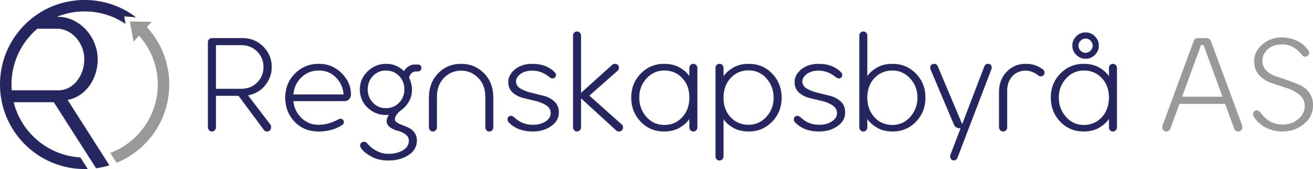 Logo for Regnskapsbyrå AS, med stilisert "R" innenfor en sirkulær pil til venstre, etterfulgt av firmanavnet i blå og grå tekst.