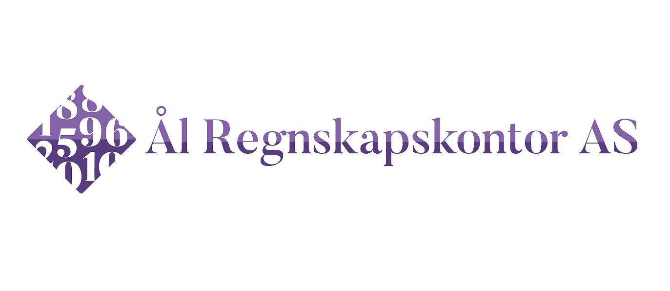 Logo for Ål Regnskapskontor AS med lilla diamant med tall og lilla tekst på hvit bakgrunn.
