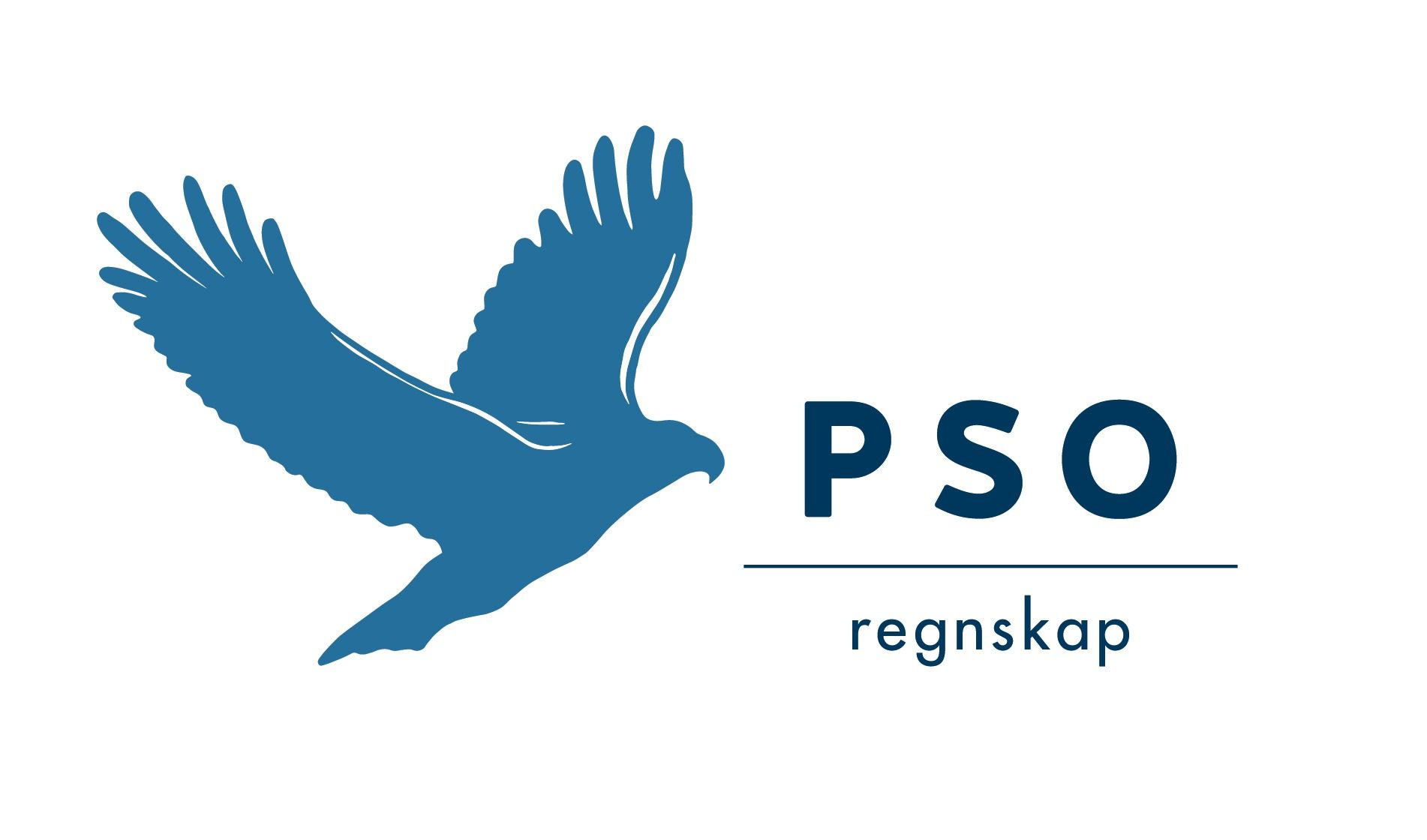 Logo av en blå fugl i flukt til venstre med "PSO regnskap" tekst til høyre, på hvit bakgrunn.