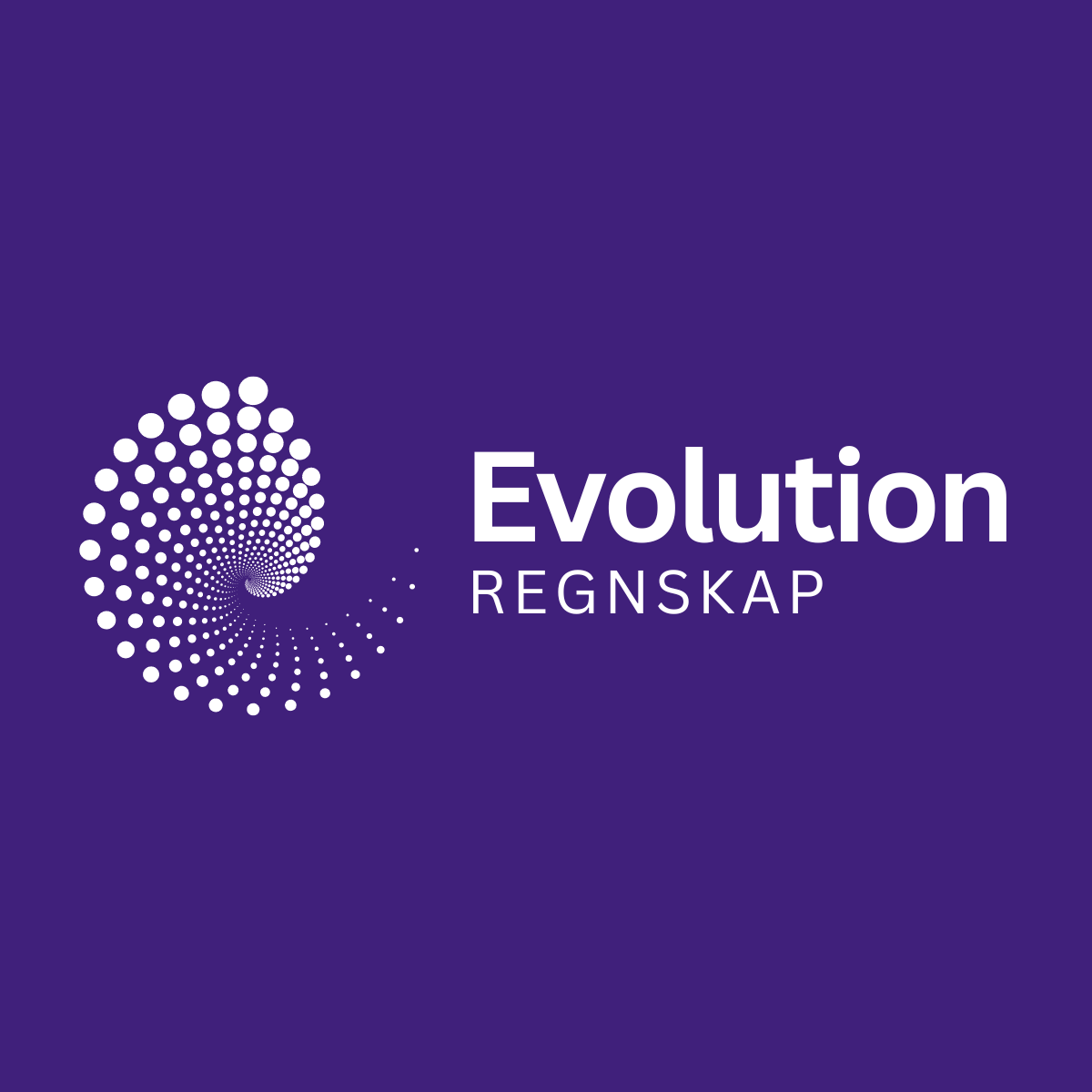 Logo for Evolution Regnskap med et spiralmønster av hvite prikker på en lilla bakgrunn.