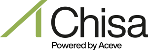 Logo med grønn diagonal linje og svart tekst med teksten "Chisa.