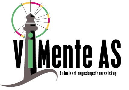 Logo for ViMente AS med et fyrtårn med fargerike sirkulære elementer og teksten "Autorisert regnskapsførerselskap" under.