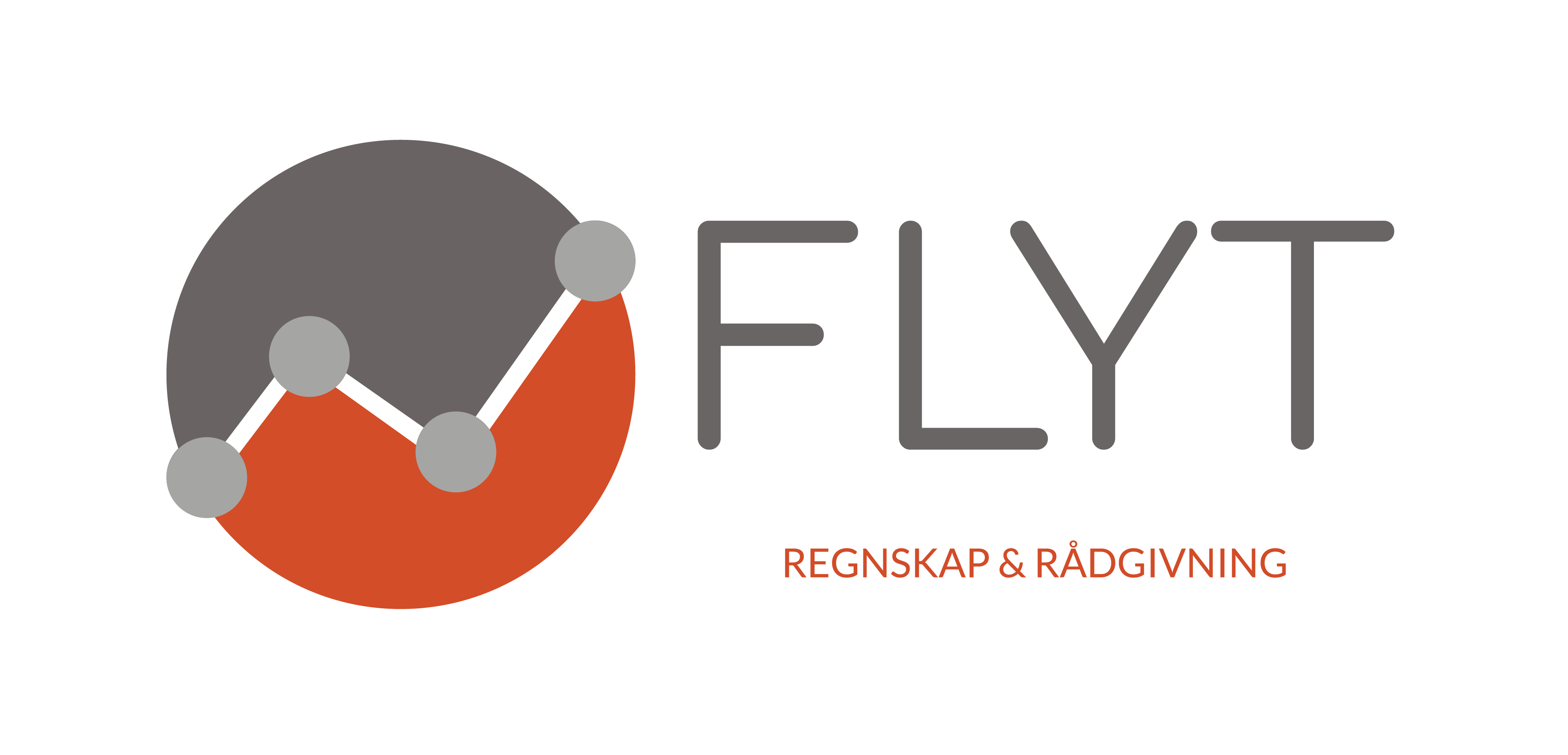 Logo med ordet "FLYT" og et tilkoblet punktgrafdesign i grått og oransje. Under står "REGNSKAP & RÅDGIVNING" med oransje tekst.