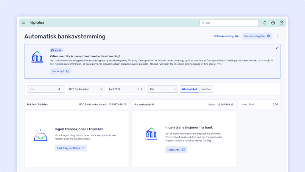 Nettstedets grensesnitt viser automatisk bankavstemming, med seksjoner for bankkontovalg, transaksjonsmatching og assistanse.