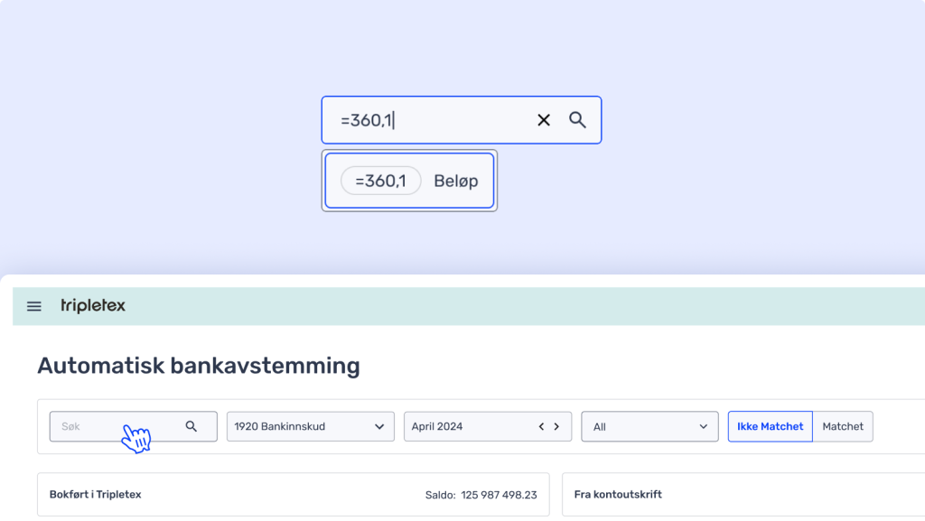 Skjermbilde av et finansprogramvaregrensesnitt som viser automatiske bankavstemmingsverktøy, en søkelinje med et spørre beløp og samsvarende transaksjoner.