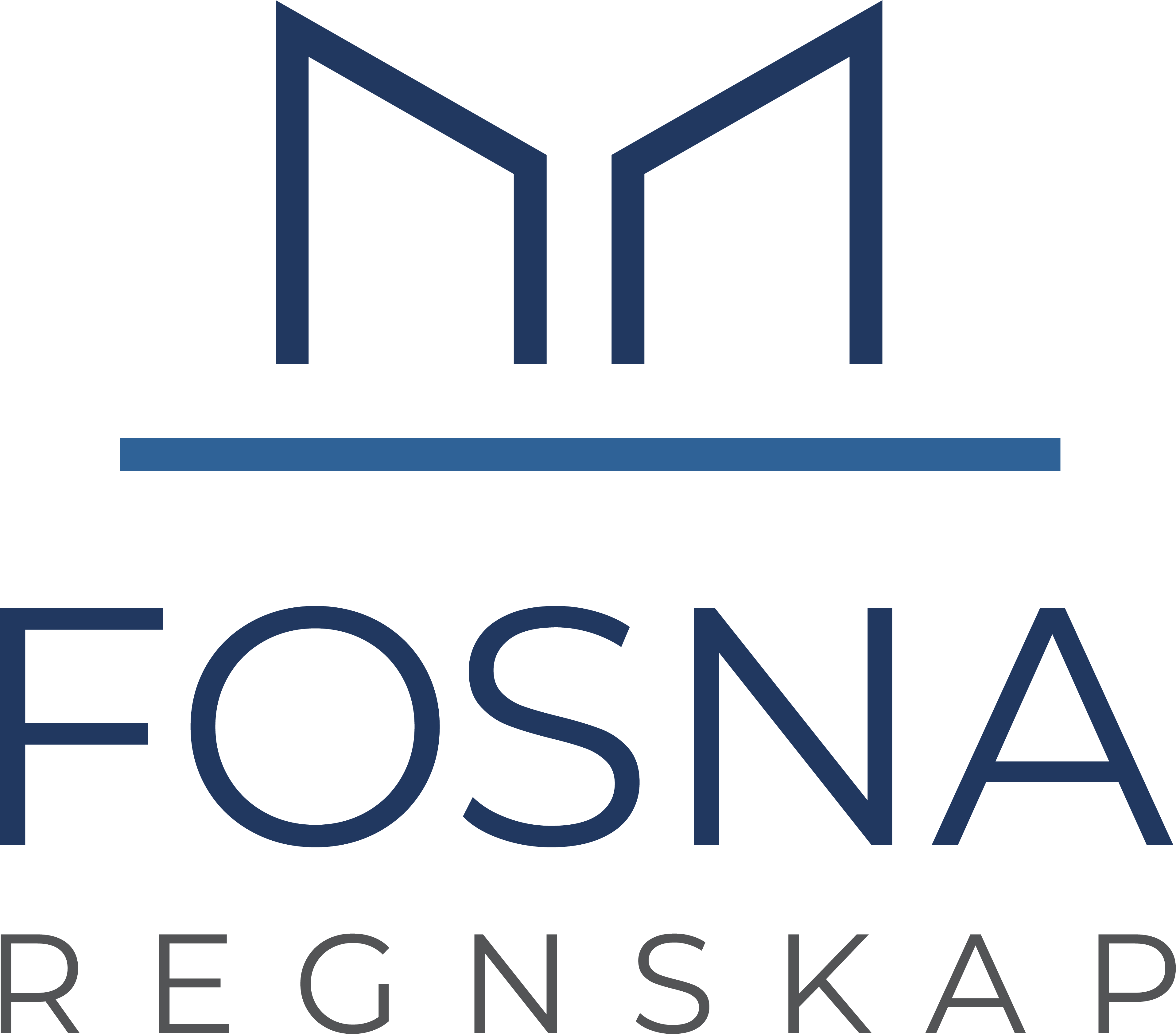 Logo for Fosna Regnskap med stilisert "M" over en horisontal linje, med navnet i blå tekst under.