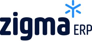 Logo for "zigma ERP" i mørkeblå skrift med et blått stjernelignende symbol over "a".