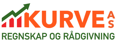 Logo for "Kurve AS Regnskap og Rådgivning," med en oppadgående grønn pil og røde graffelter ved siden av teksten i oransje og grønt.