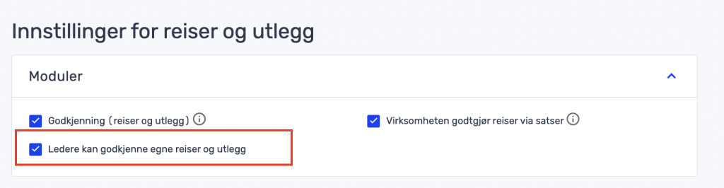For å sikre bedre kontroll og etterlevelse av interne retningslinjer, har vi nå lagt til en ny innstilling som forhindrer ledere å godkjenne sine egne reiser og utlegg.