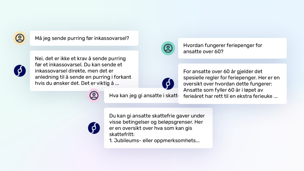 En serie chat-meldinger på norsk som diskuterer skatt til ansatte, feriepenger for de over 60 år og purringer på fakturaer. Ulike ikoner følger med hver melding.
