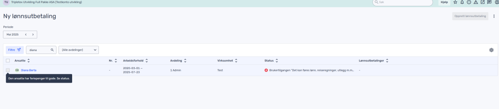 Et digitalt dashbord viser en tabell med kursinformasjon, én oppføring merket som «Ikke startet» og et verktøytips om det valgte kurset.