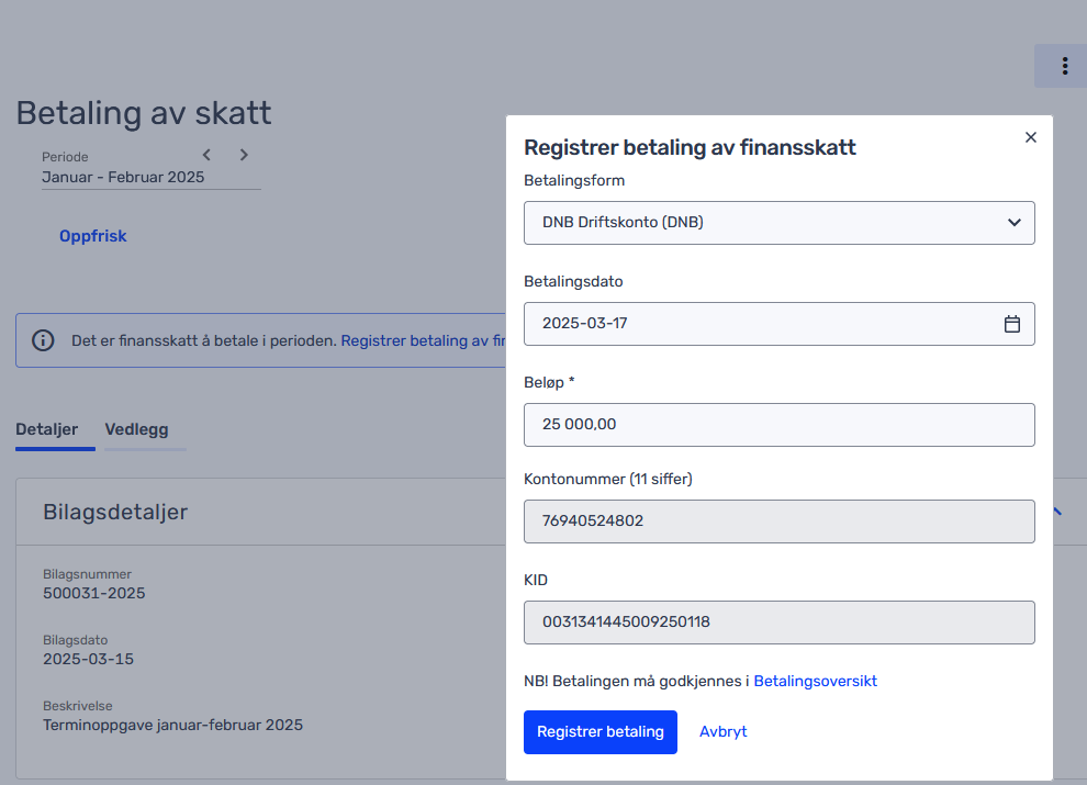 Et registreringsskjema for skattebetaling på norsk, som viser felt for kontovalg, dato, beløp (25 000 NOK), kontonummer, KID-nummer og handlingsknapper.