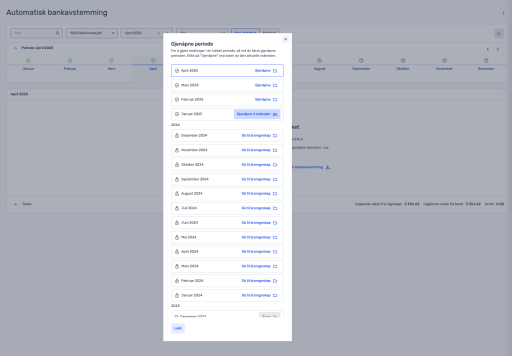 Et popup-vindu på en nettside for bankavstemming viser en liste over måneder og år, hver med alternativer for å avstemme eller vise transaksjoner.