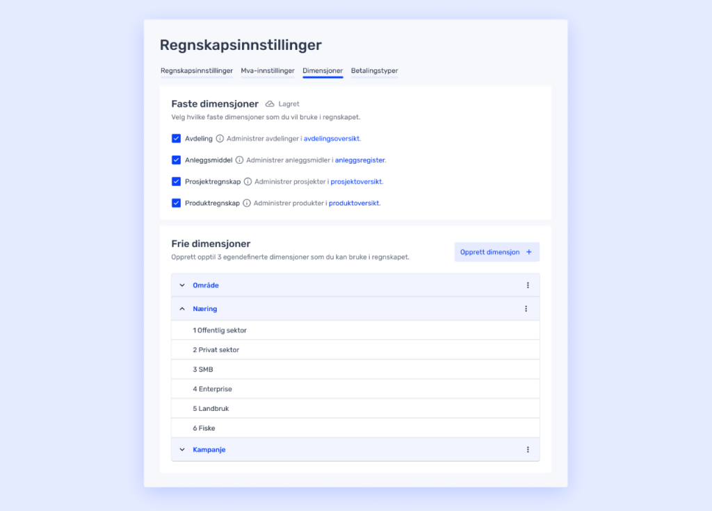 En innstillingsside på norsk med tittelen "Regnskapsinnstillinger" som viser alternativer for faste og frie dimensjoner med valgbare avkrysningsbokser og en "Opprett dimensjon"-knapp.