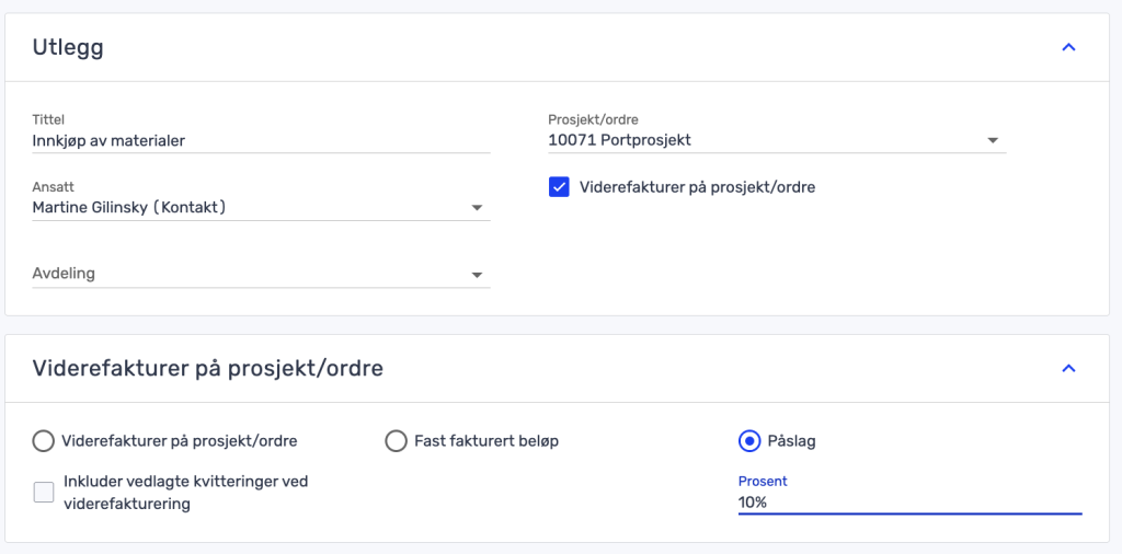 Skjema for prosjektutgifter som viser felt for tittel, ansatt, prosjekt/ordre, avdeling og alternativer for fakturering med 10 % påslag.