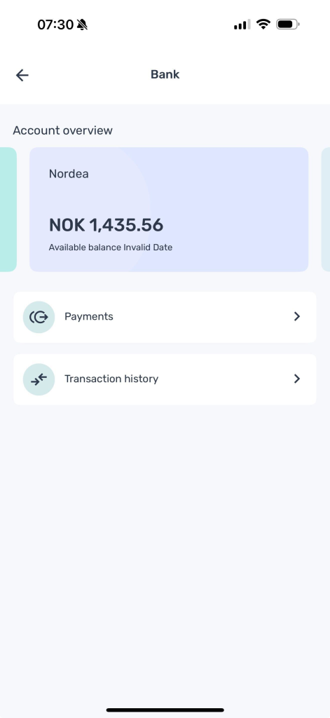 Skjermbilde i mobilbankappen som viser en Nordea-konto med en saldo på 1 435,56 kroner. Alternativene for «Betalinger» og «Transaksjonshistorikk» er synlige. Klokken som vises er 07:30.