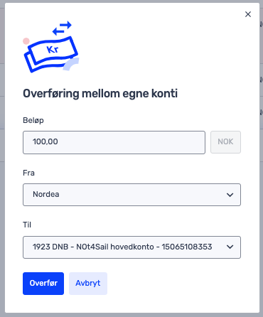 Et bankoverføringsskjema på norsk for overføring av 100 NOK fra en Nordea-konto til en DNB-konto, med mulighet for å bekrefte eller kansellere overføringen.