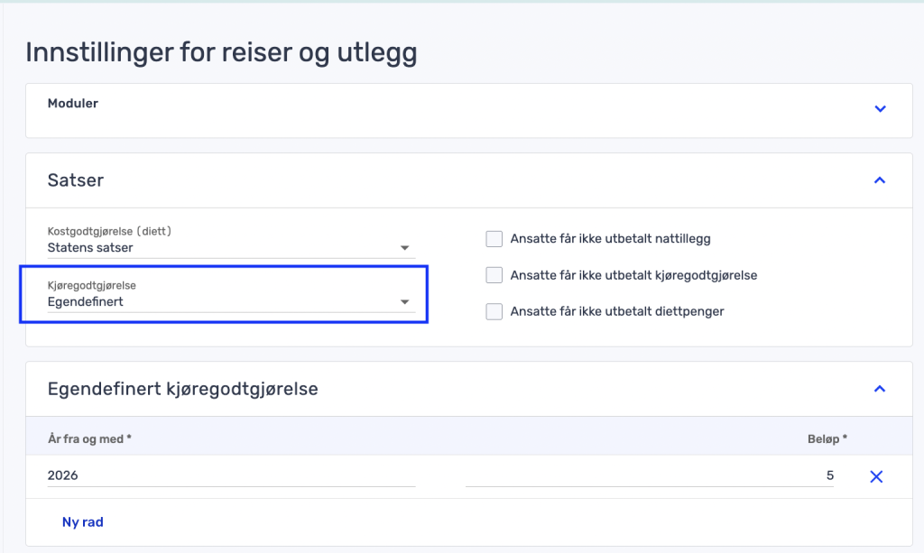 En norsk innstillingsside for reiser og utlegg som viser alternativer for satser, kilometergodtgjørelse og en egendefinert oppføring for kilometergodtgjørelse for år 2026.