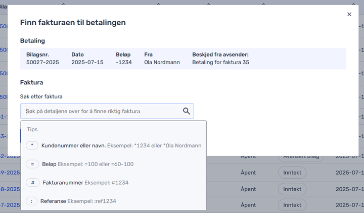 Et norsk fakturasøkgrensesnitt som viser betalingsdetaljer og søketips for å finne riktig faktura.