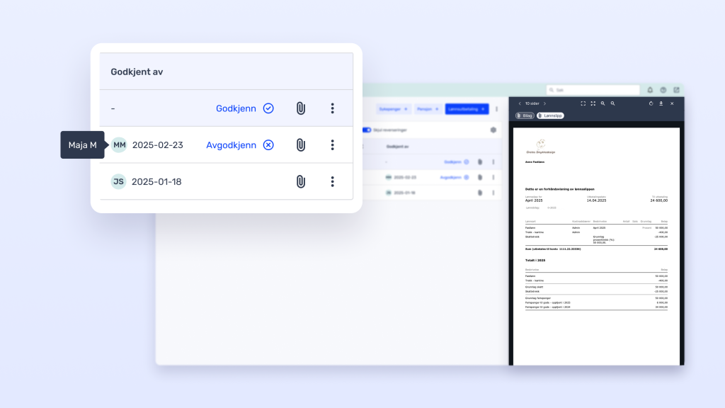 Et digitalt dashbord viser godkjenningsstatus, datoer og dokumentlenker til venstre, med en forhåndsvisning av en åpen PDF-faktura på høyre side av skjermen.