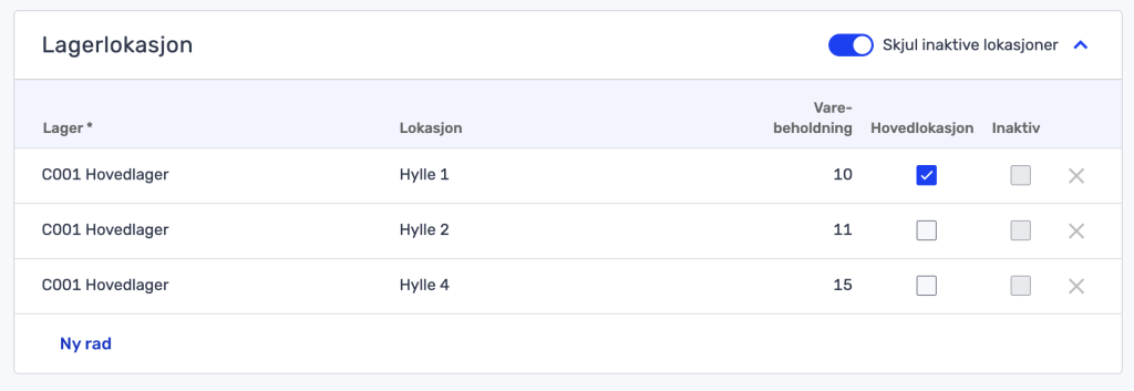 Lagertabell som viser tre rader med stedsnavn, hyllenummer, lagerantall, avkrysningsboks for hovedlager og inaktiv status. "Skjul inaktive lokasjoner"-bryteren er aktivert.