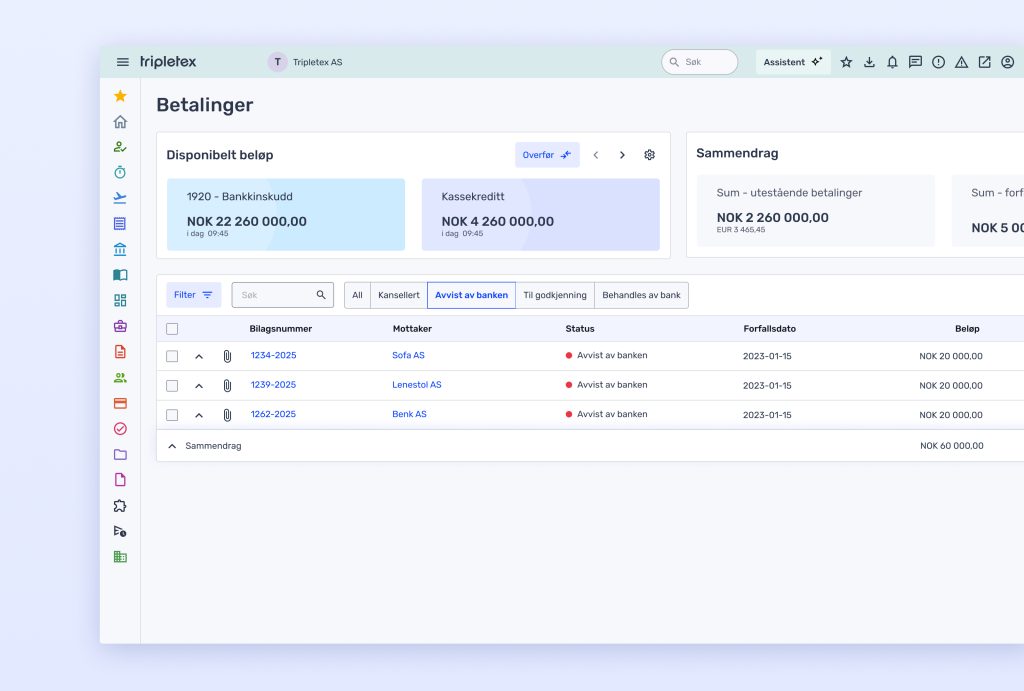 Et finansielt dashbord på norsk viser kontosaldoer, betalingsstatus, oversikter og transaksjonsdetaljer i et webgrensesnitt.