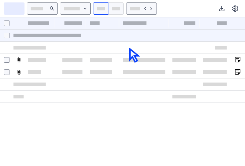 Et digitalt innboksgrensesnitt viser en liste over e-postmeldinger, noen med vedlegg og forhåndsvisning av meldinger, med én e-post markert med en stor blå markør.