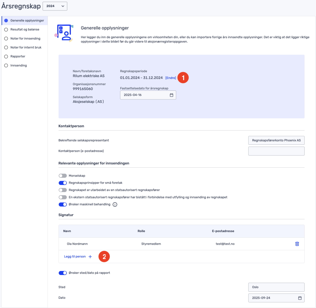 Et digitalt skjema for innsending av årsregnskap, som viser selskapsinformasjon, innsendingsfrist, kontaktperson og signaturfelt, med noen inntastingsfelt og avmerkingsbokser.