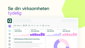 Et dashbord for virksomheten viser økonomiske nøkkeltall og diagrammer på norsk, med teksten "Se din virksomhet tydelig" øverst til venstre.