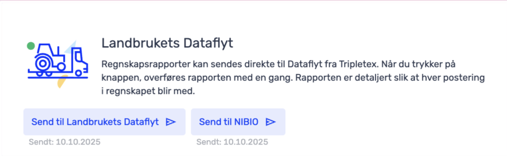 Illustrasjon av en traktor ved siden av tekst om å sende landbruksregnskapsrapporter til Dataflyt fra Tripletex, med to blå knapper for å sende til Landbrukets Dataflyt eller NIBIO.
