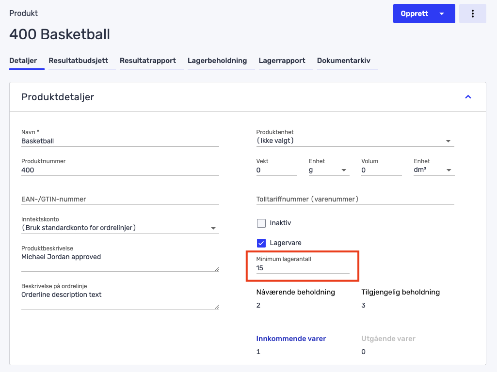 En produktdetaljside for "400 Basketball" viser felter for produktinformasjon, med "Minimum lagertal" (minimumslager) satt til 15 uthevet i rødt.