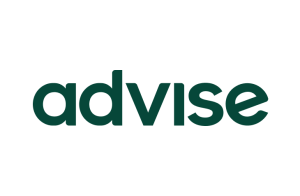 Ordet "advise" er skrevet med fete, mørkegrønne, avrundede små bokstaver på en lysegrå bakgrunn.