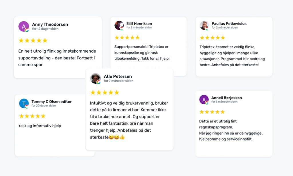 Et utvalg av seks kundekort på norsk, hvert med et profilikon, kundenavn, stjernerangering og skriftlig tilbakemelding om en tjeneste.