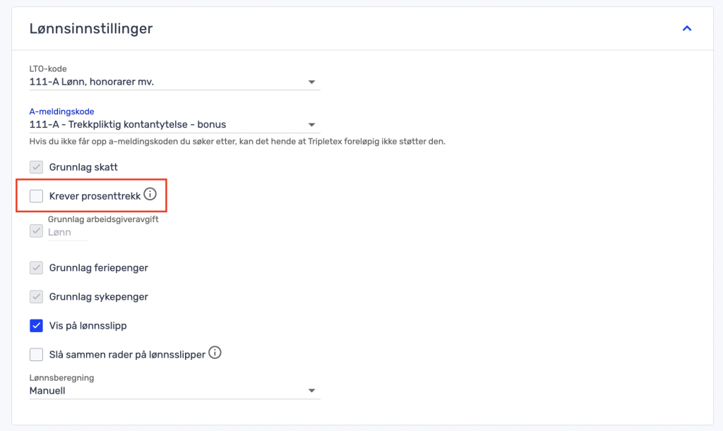 Skjermbilde av en side med lønnsinnstillinger på norsk, som viser alternativer for skatte- og lønnsslippinnstillinger, med avkrysningsboksen "Krever prosenttrekk" uthevet i rødt.