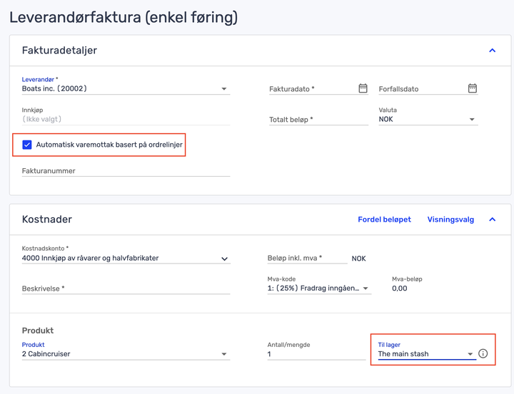 Skjermbilde av et norsk fakturaregistreringsskjema som viser leverandøropplysninger, avkrysningsrute for automatisk lageravgift, produktopplysninger og lagerplassering merket "Hovedlageret".