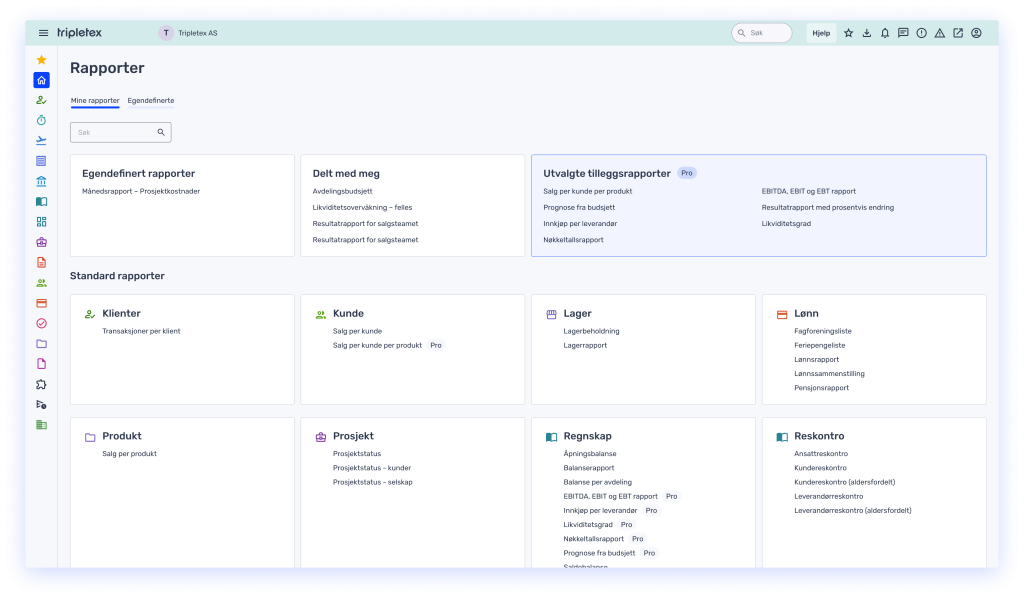 Et dashbordgrensesnitt viser kategoriserte rapportseksjoner og menyalternativer på norsk, organisert som fliser med ikoner under overskrifter som "Standard rapporter" og "Egendefinerte rapporter".