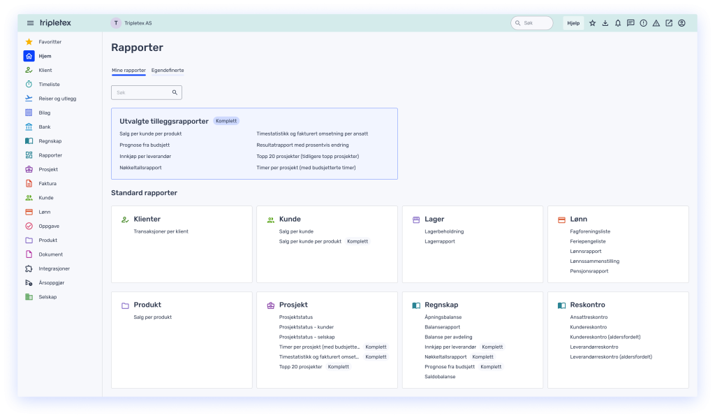 Et dashbord i Norwegian fra Tripletex viser ulike rapportkategorier som klienter, kunder, lager, lønn, produkter, prosjekter, regnskap og reiseregninger.